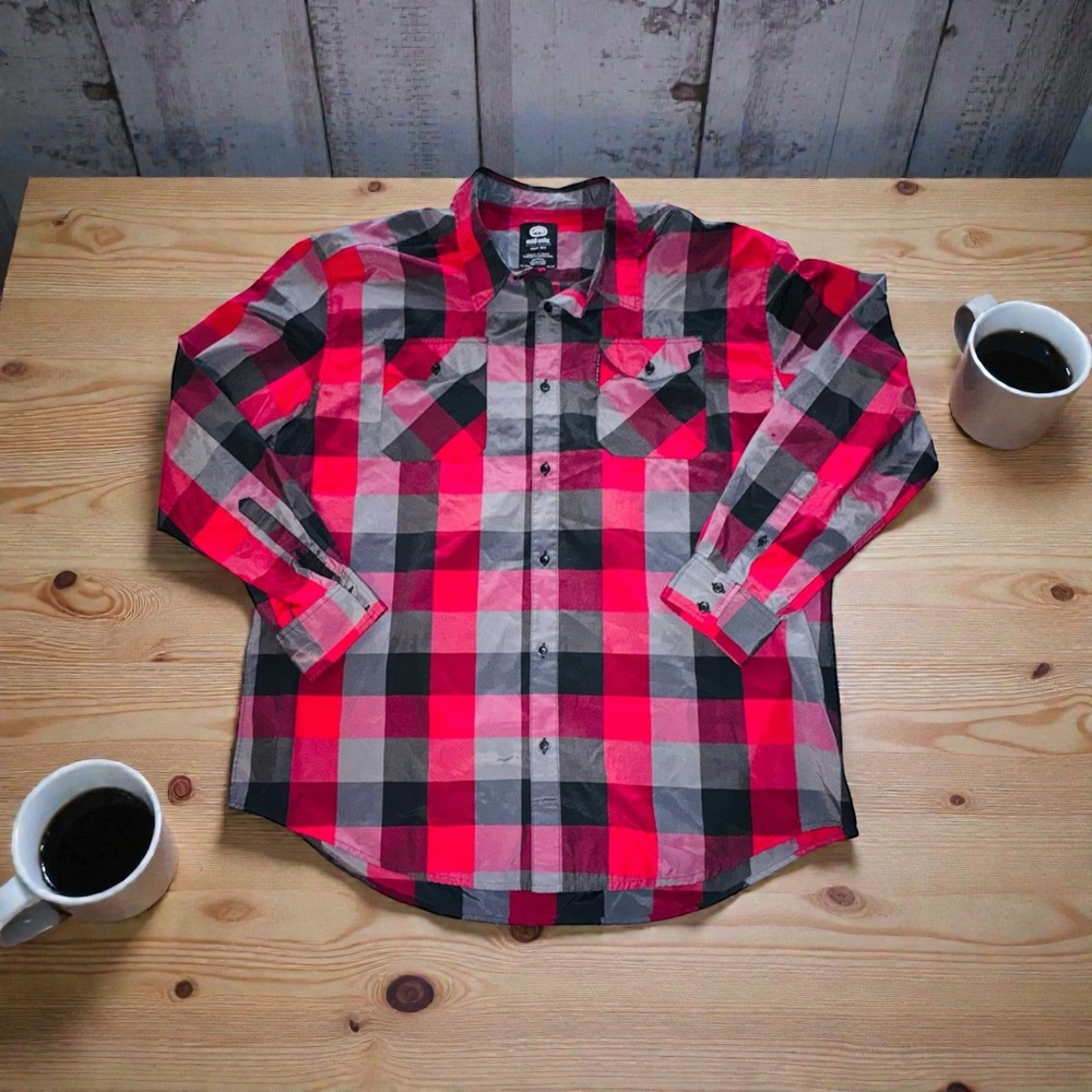 Ecko Unltd Shirt Mens 3X Red Black Plaid Button Down Pockets Streetwear Classic